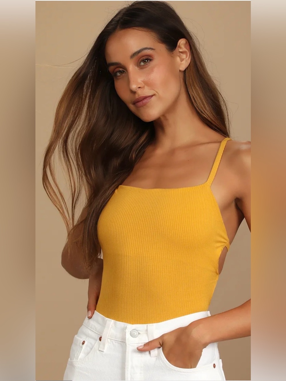Heights Mustard Yellow Ribbed Strappy Backless Bodysuit from Lulus